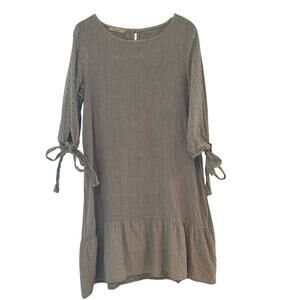 Francesca Bettini Linen Eyelet Lace Drop Waist Tie Sleeve Gray Dress Size Large